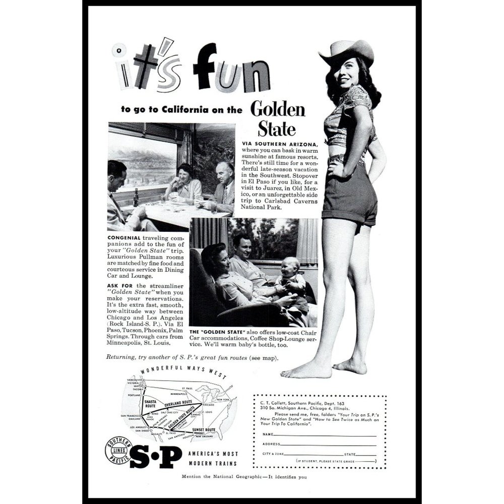 1953 Southern Pacific Line Railroad Vintage Print Ad Girl Cowboy Hat Wall Art